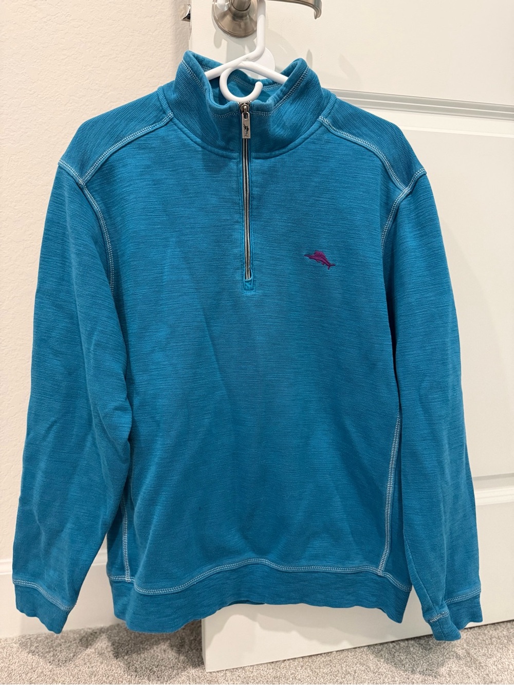 Tommy Bahama Teal Crewneck with Script Logo half zip
